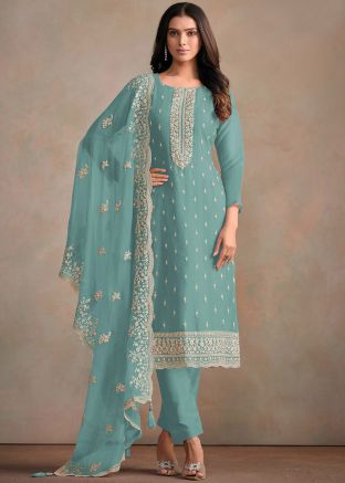 Blue Embroidered Organza Pant Suit With Dupatta
