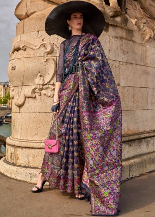 Navy Blue Woven Saree In Organza