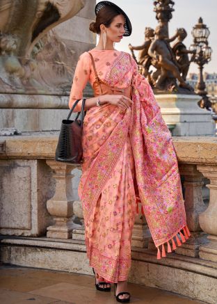Peach Woven Saree In Organza