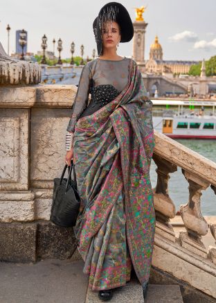 Grey Woven Organza Saree & Blouse