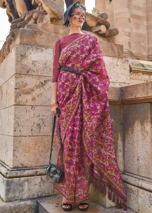 Wine Woven Organza Saree & Blouse