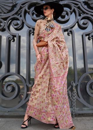 Cream Woven Organza Saree & Blouse