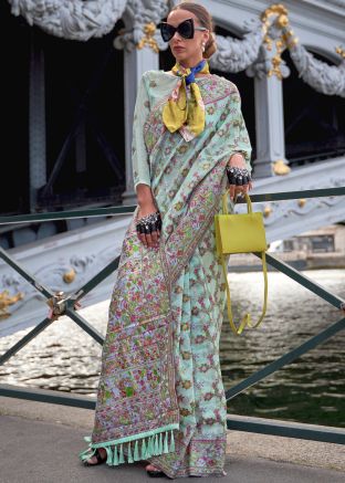 Turquoise Organza Saree In Woven Work