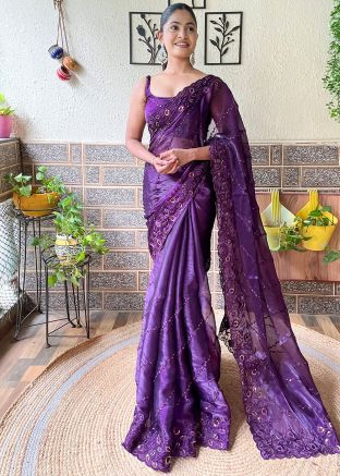 Purple Thread Embroidered Art Silk Saree