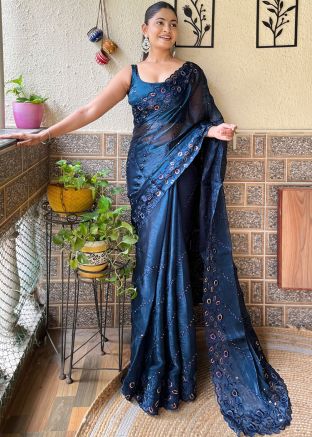 Teal Blue Saree In Thread Embroidery