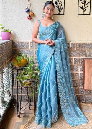 Blue Embellished Saree In Art Silk 