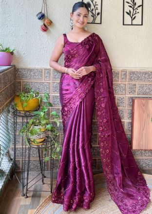 Magenta Embellished Saree In Art Silk 