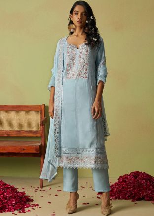 Blue Embroidered Salwar Suit Set In Organza
