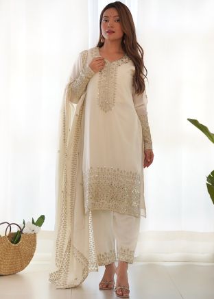 White Embroidered Chiffon Salwar Suit Set