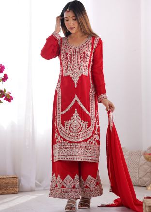 Red Embroidered Salwar Suit Set In Art Silk