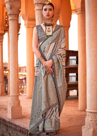 Grey Viscose Saree In Zari Woven Work