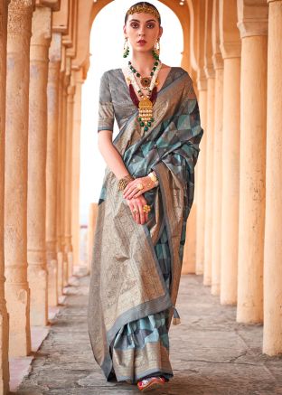 Blue Viscose Saree In Zari Woven Work