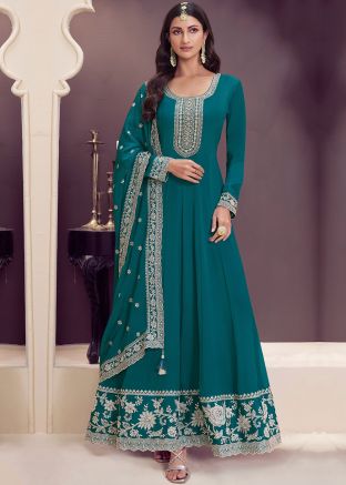 Teal Blue Embroidered Chiffon Anarkali Suit
