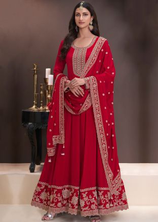Red Embroidered Chiffon Anarkali Suit