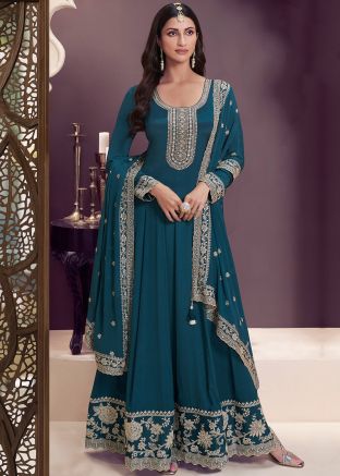Blue Embroidered Anarkali Suit Set In Chiffon