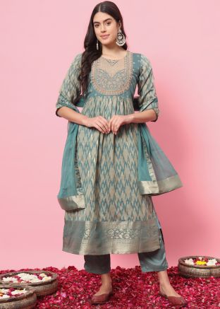 Sky Blue Printed Cotton Silk Pant Suit