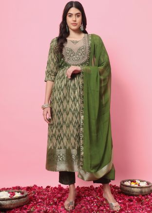 Mehendi Green Embroidered Readymade Pant Suit