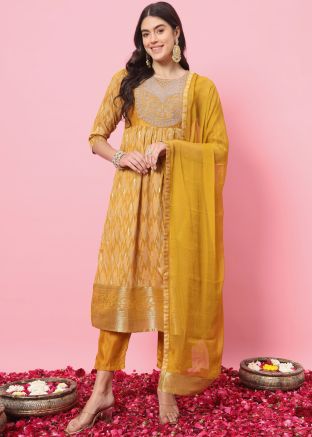 Yellow Embroidered Straight Cut Pant Suit