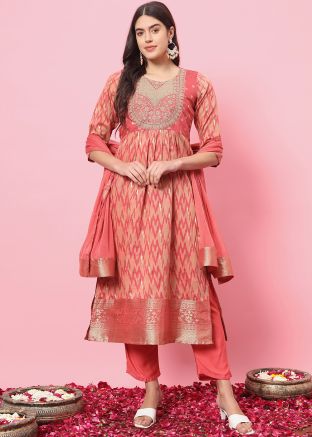 Readymade Peach Printed Straight Pant Suit