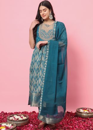 Readymade Teal Blue Printed Straight Pant Suit
