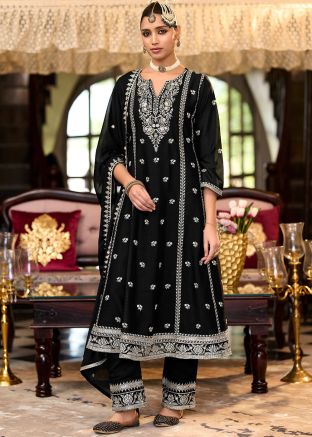 Black Embroidered Anarkali Suit In Chiffon
