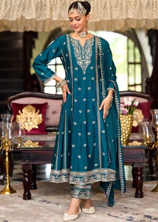 Readymade Blue Embroidered Anarkali Suit Set