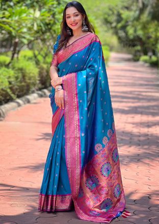 Blue Zari Woven Saree In Paithani Silk
