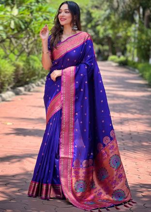 Blue Zari Woven Saree In Paithani Silk