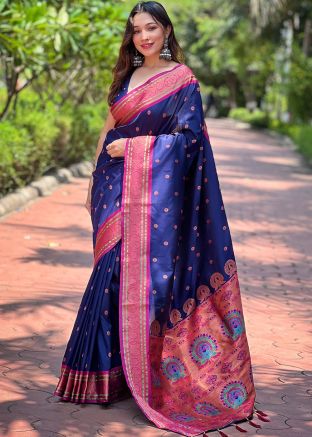 Blue Zari Woven Saree In Paithani Silk