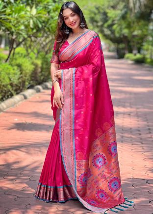 Pink Zari Woven Saree In Paithani Silk