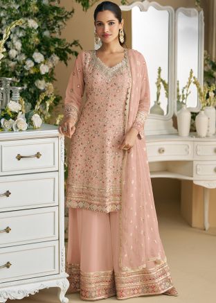 Pink Embellished Full Sleeved Palazzo Suit