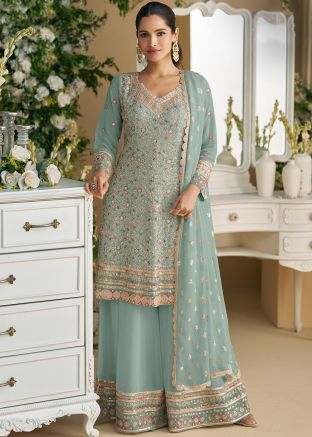 Blue Embellished Full Sleeved Palazzo Suit