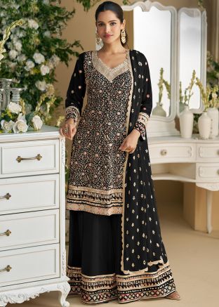 Black Chiffon Embroidered Palazzo Suit Set