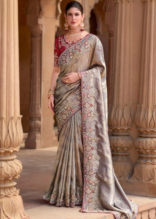 Grey Embroidered Saree In Silk