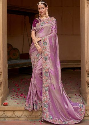 Purple Sequins Embroidered Saree In Silk
