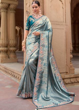 Blue Embroidered Saree In Silk