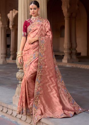 Peach Embroidered Saree In Silk