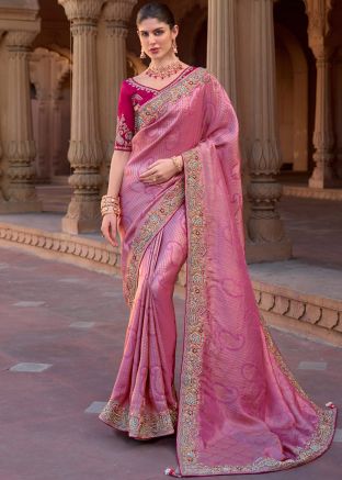 Pink Embroidered Saree In Silk