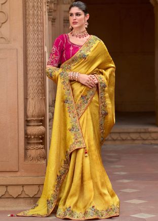 Yellow Emroidered Saree In Silk