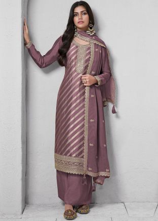 Purple Embroidered Palazzo Suit Set In Silk