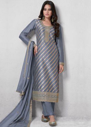 Grey Woven Silk Pant Suit With Dupatta