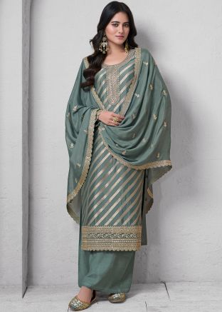 Green Embroidered Palazzo Suit Set In Silk