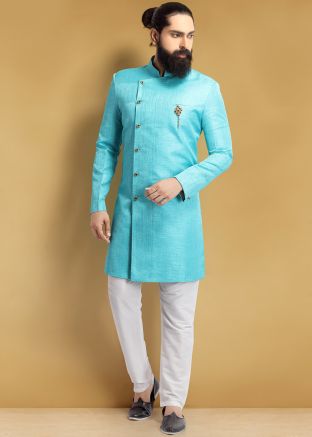 Jacquard Turquoise Asymmetric Sherwani Pant Set
