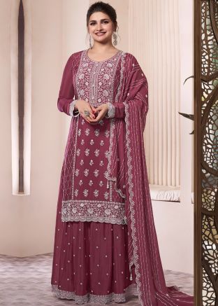 Prachi Desai Mauve Pink Embroidered Chiffon Sharara Suit