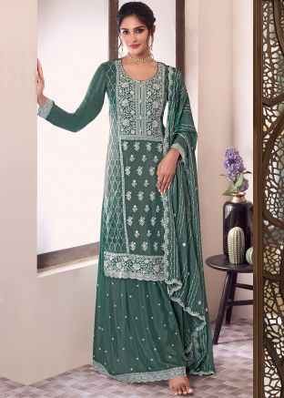 Green Embroidered Sharara Suit In Chiffon
