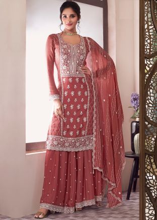 Coral Pink Embroidered Chiffon Sharara Suit
