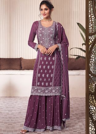 Purple Embroidered Chiffon Sharara Suit