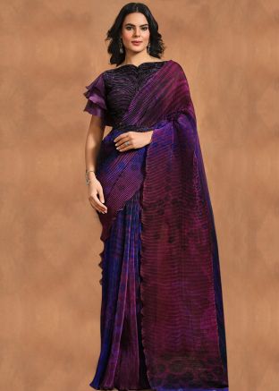 Purple Readymade Digital Print Satin Saree