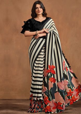 White & Black Readymade Floral Print Saree