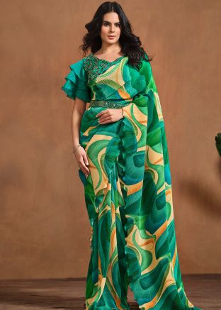 Readymade Green Digital Print Saree In Satin